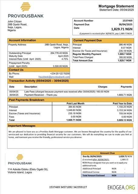 Modèle Word et PDF de relevé hypothécaire de la Nigeria Providus Bank